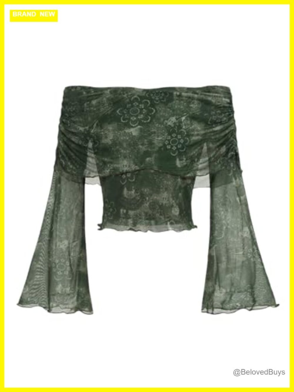 Off The Shoulder Floral Mesh Crop Top Bell Sleeve Whimsical Y2k Blouse
